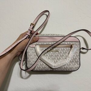Michael Kors Cream and Pink Logo Crossbody Bag